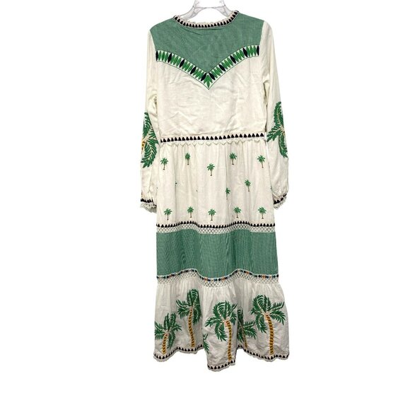 New Farm Rio $425 Embroidered Maxi Dress Palm Tree Long Sleeve Boho Medium - Picture 8 of 9